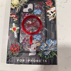 iPhone 15 MagSafe Protective Case - Red Floral Design ED HARDY